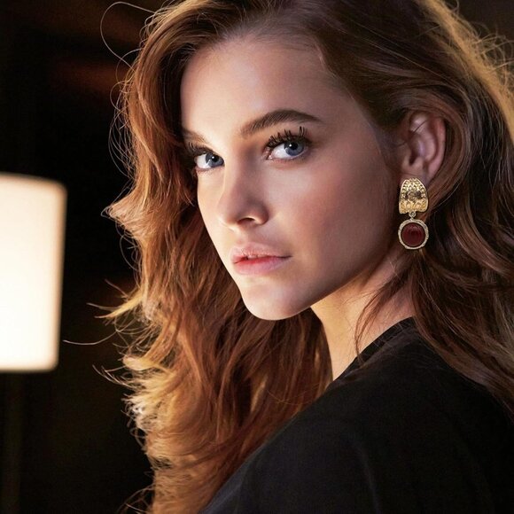 Red & Gold Dangle Drop Earrings for Women Cute Gold Geometric Statement Jewelry - Picture 2 of 5